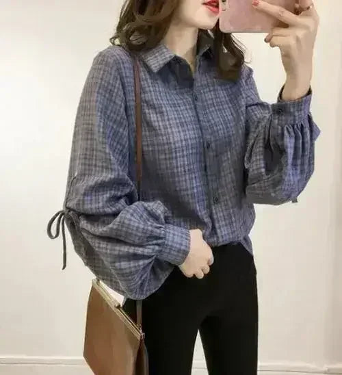 Women Loose Fit Plaid Shirt w/Bell Sleeves