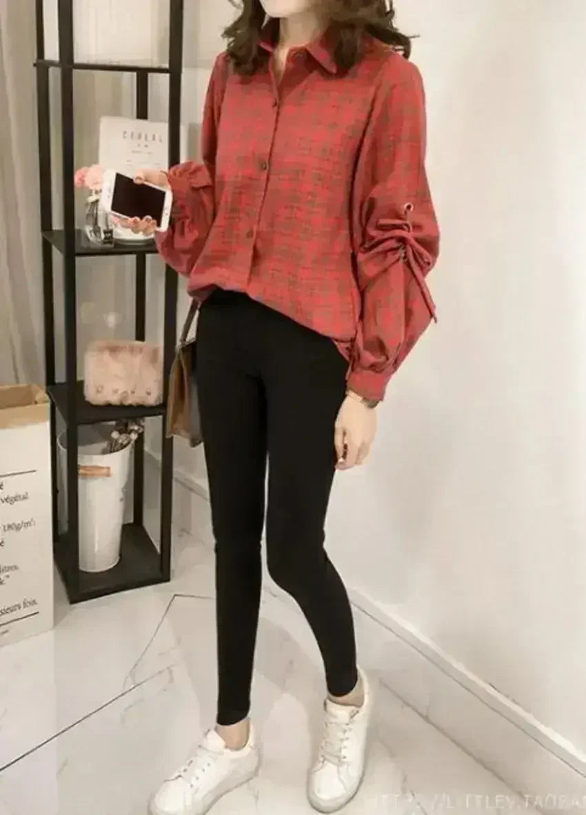 Women Loose Fit Plaid Shirt w/Bell Sleeves